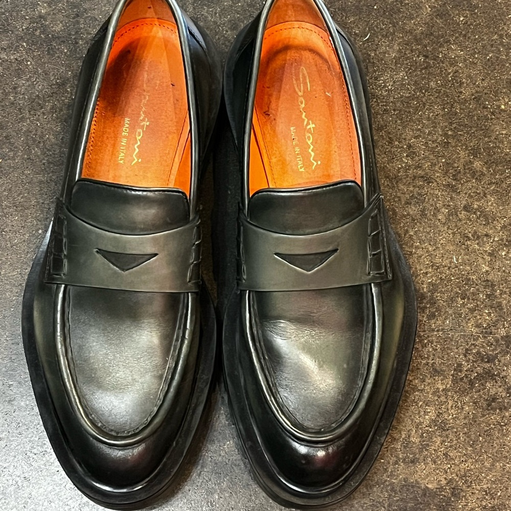 Santoni Green Leather Slip-On Loafers